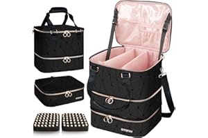 SIYNPAV Nail Polish Organizer Bag Holds 84 Bottles (15ml/0.5fl.oz)& Nail Lamp, 3 Layers Detachable Nail Kit Storage Case PU Leather, Large Travel Nail Supplies Shoulder Bag for Manicure Tools (Black)