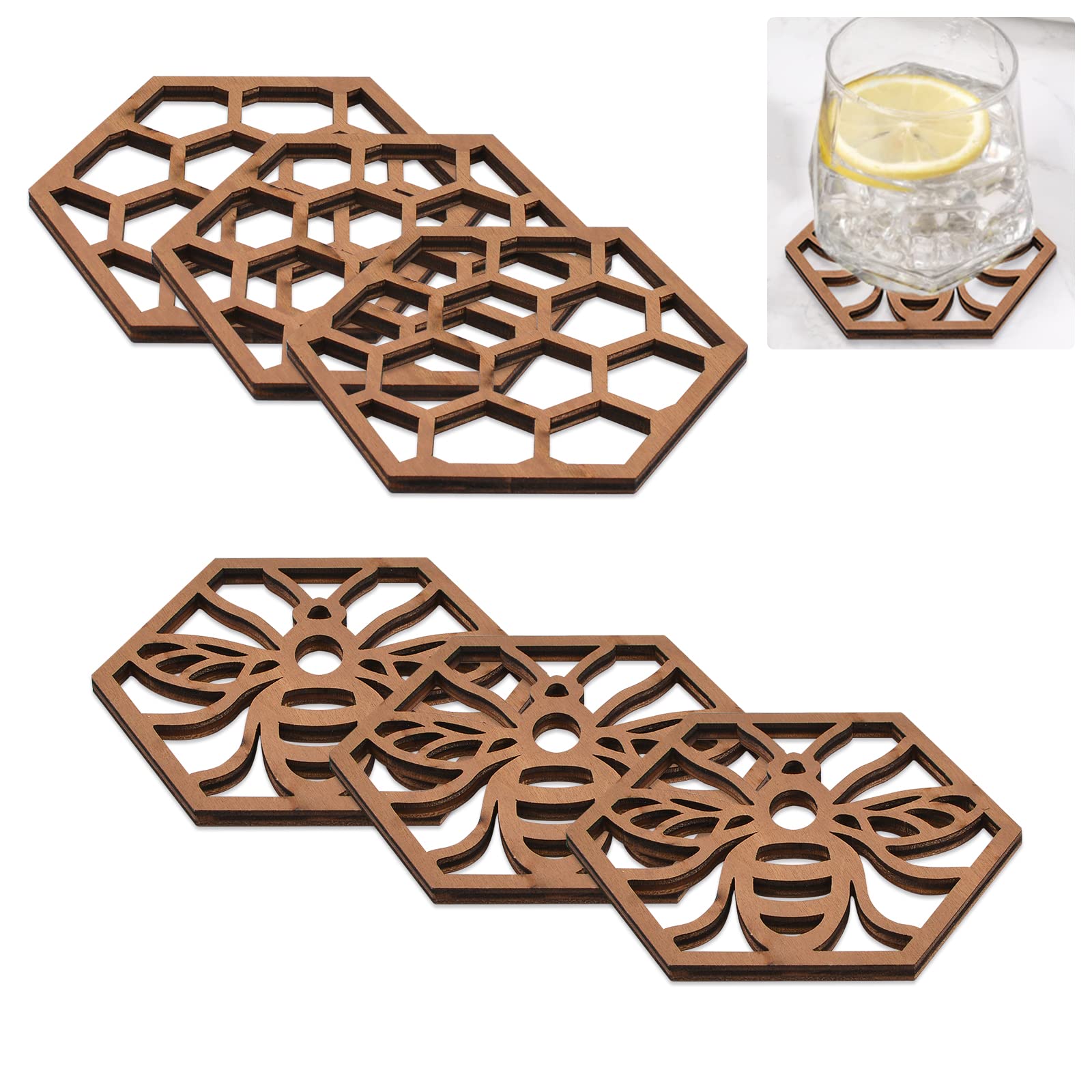 MOROBOR Hexagon Wood Coasters, Set of 6 Honeycomb Wooden Epoxy Resin Drink Coasters, Hollow Wooden Insulation Mat Bee Themed Cup Mats for Kitchen Dining Coffee Table