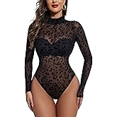 Avidlove Long Sleeve Bodysuit for Women Turtleneck Sheer Mesh Bodysuit Geo Print Leotards