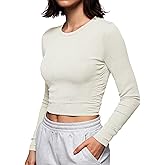 BMJL Women's Ribbed Long Sleeve Crop Tops Side Shirring Fitted Soft Stretchy Workout Shirt