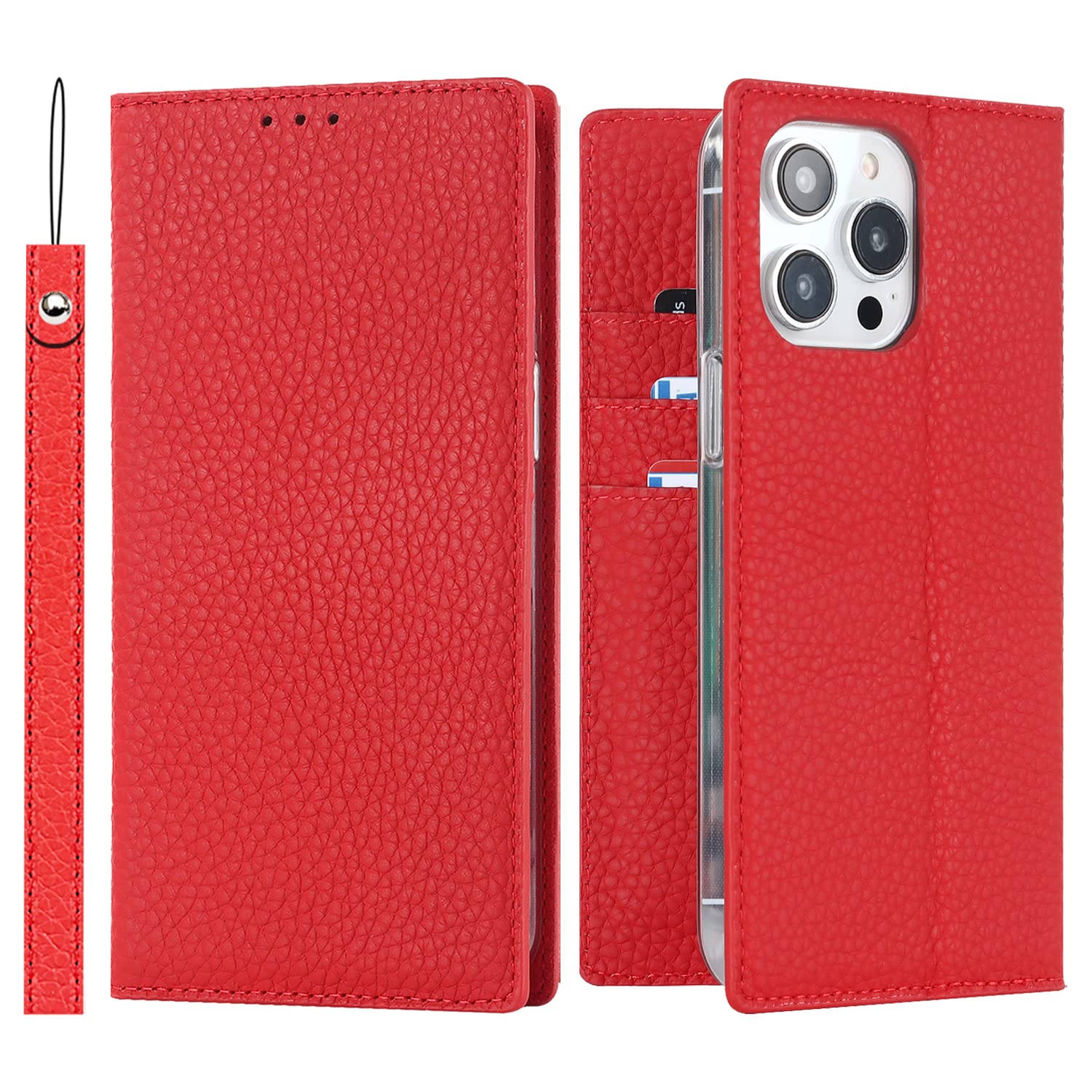 Cavor Phone Case Compatible for iPhone 14 Pro Max,Genuine Leather Flip Wallet Case,[3 Card Holders][Magnetic Closure][RFID-Blocking][Lanyard],Protective Case Cover for iPhone 14 Pro Max - Red