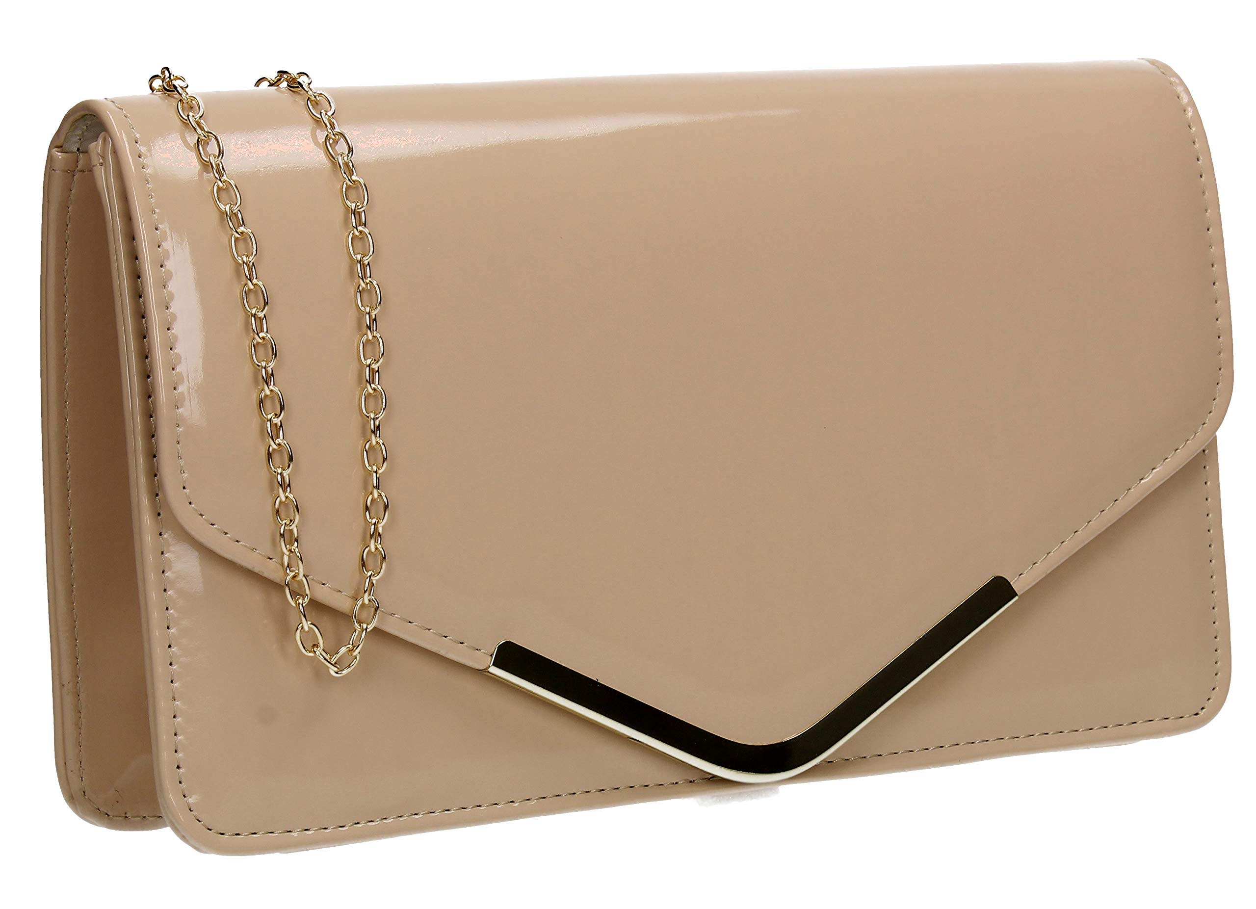 SwankySwans Zara Patent Leather Envelope Womens Party Prom Ladies Clutch Bag - Nude