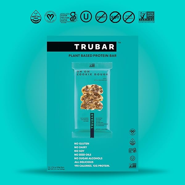 TRUBAR VEGAN PROTEIN BAR, OH OH COOKIE DOUGH, GLUTEN FREE, PLANT BASED, HIGH FIBER, DAIRY FREE, LOW FAT, NON GMO, NO SUGAR ALCOHOLS, 12G LEAN PROTEIN, 13G FIBER, HEALTHY SNACK BARS, 12 CT