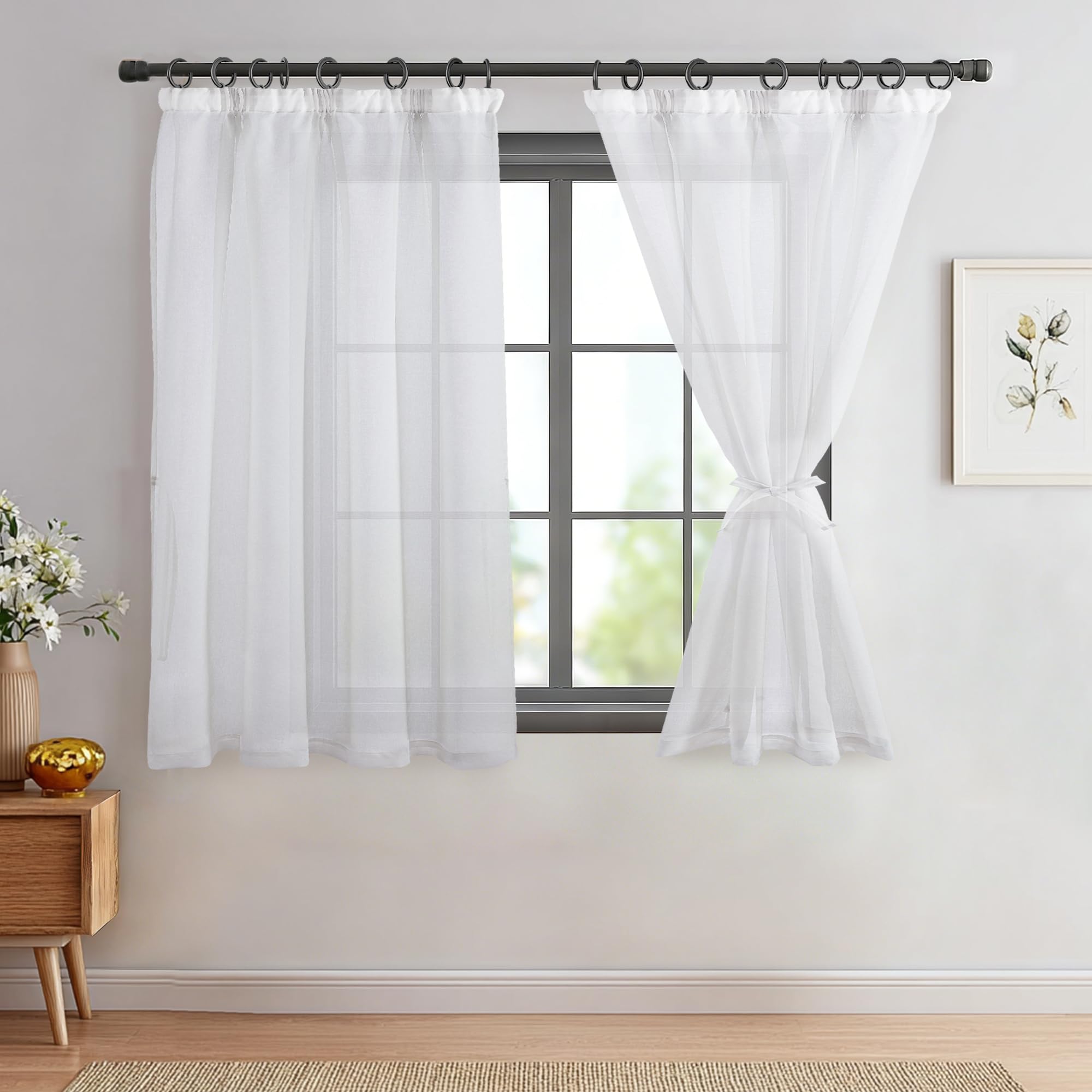 DWCN White Sheer Net Curtains for Windows 54 Drop with Tiebacks Transparent Rod Pocket Pencil Pleat Voile Curtains for Living Room, 2 Panels, W46 x L54 Inch
