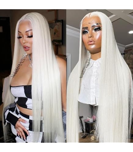 Amazon.com : Oxeely 13x6 Platinum White Lace Front Wig Long  display picture 2