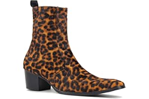 OSSTONE Men Chelsea Ankle Boots Leather Pony Hair Leopard Boot with Side Zipper Heel Boots JY012