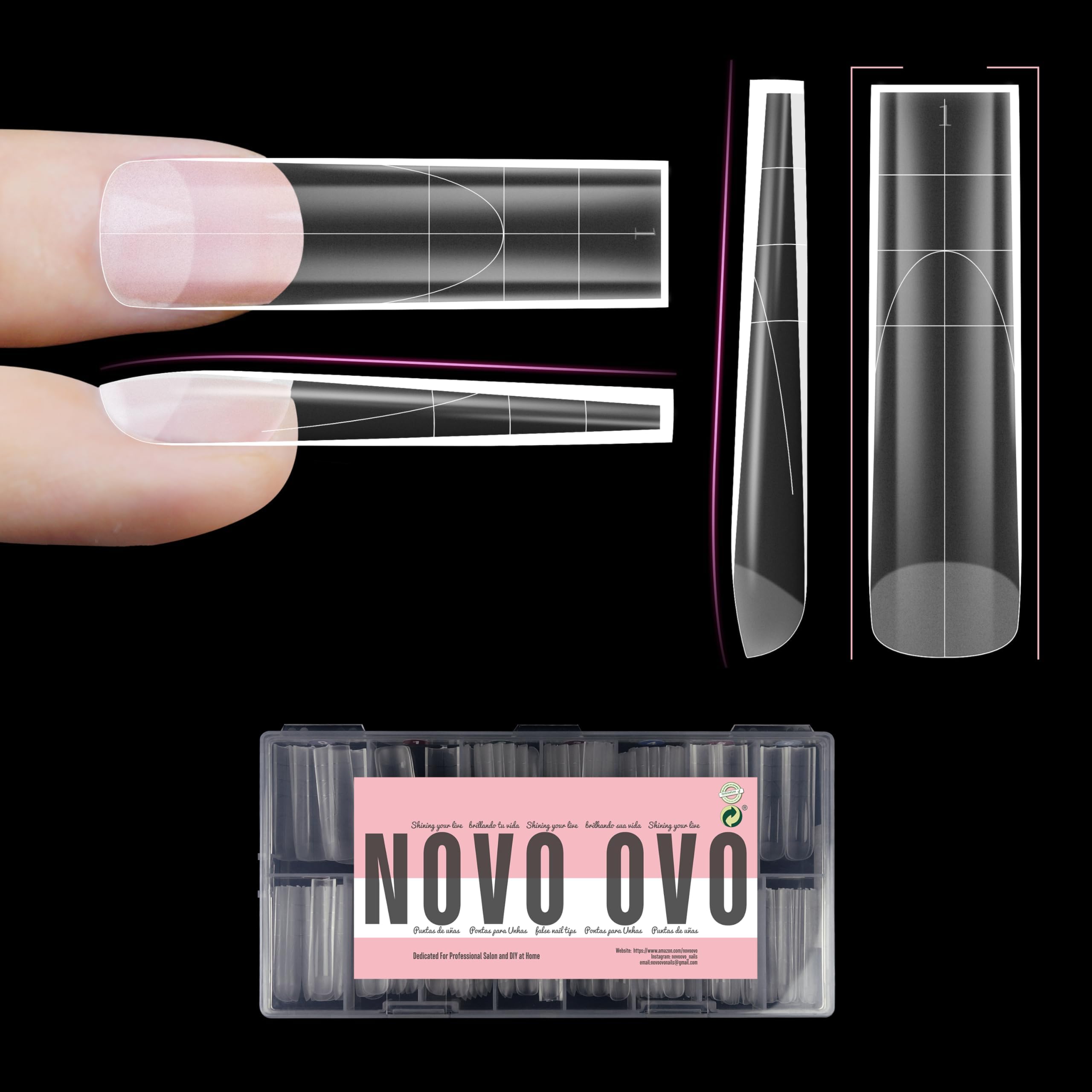 Photo 1 of NOVO OVO XXL Sharp Square Natural (not Sculpted) Nail Tip, Extra Thick False Nails Press on, Full Cover Soft Gel Extension Fake Nail Acrylic kit with XL L M French Tip Auxiliary Line x 15 Size 180pcs