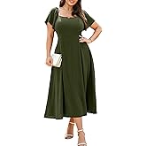 RWJ Plus Size Dresses for Women Formal Cocktail Elegant V Neck Short Sleeve Summer Wedding Guest Maxi Dress with Pocket