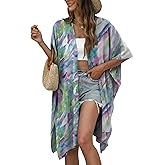 Chunoy Women Beach Wear Open Front Blouse Top Short Sleeve Tie Dye Print Lightweight Midi Kimono Cover Up Large