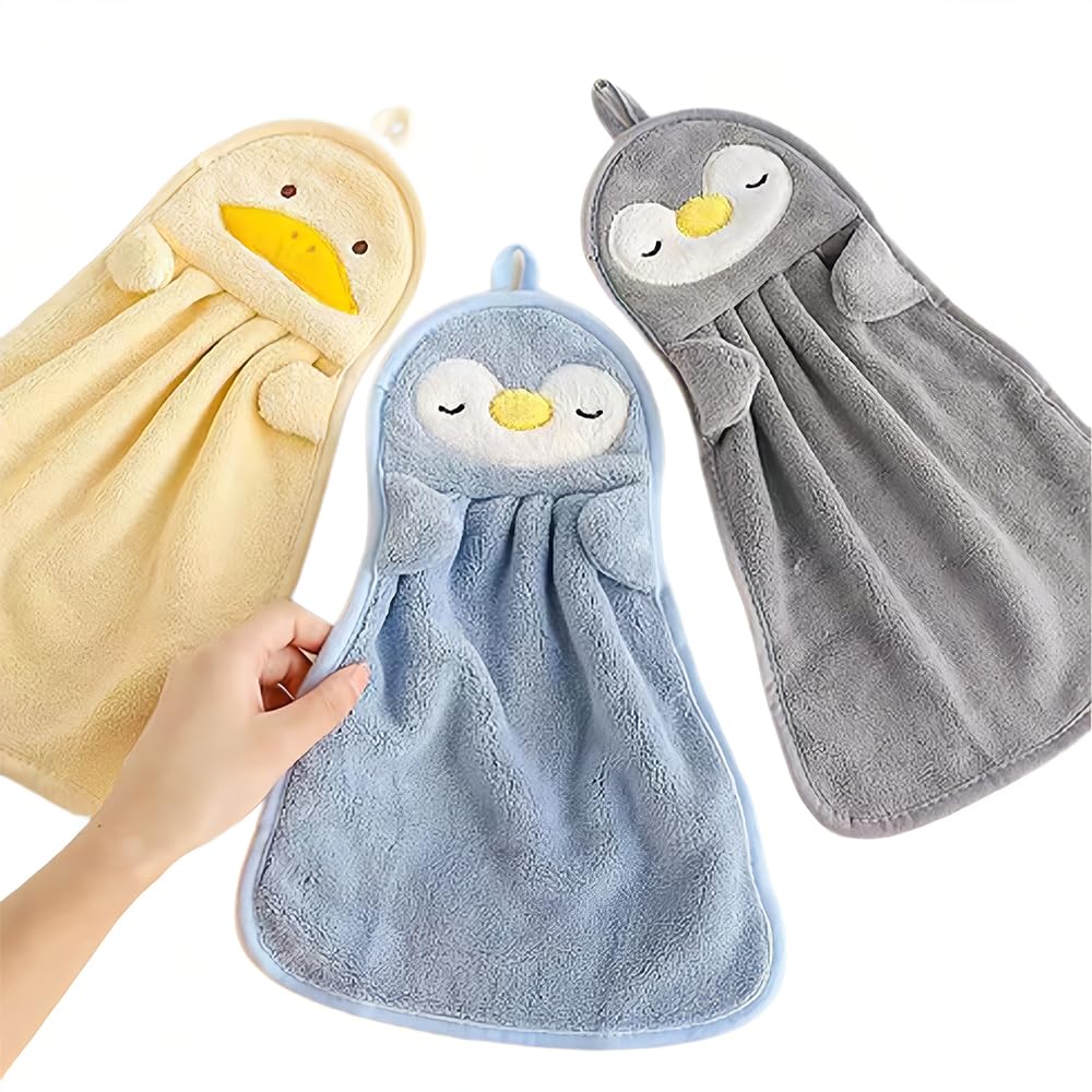 MANTIANXINGSHENL 3-Pack Towel Set Cute Animal Towel Set Soft Coral Velvet Microfiber Cute Animal Towel Absorbent Dry Towel with Hanging Loop Bathroom Kitchen