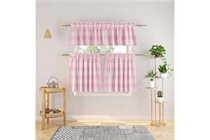 NATUS WEAVER 3 Pc Cotton Classic Country Farmhouse Kitchen Window Curtain -Pink & White Buffalo Check Tier & Valance Set, 54" x 18" / 27" x 30"