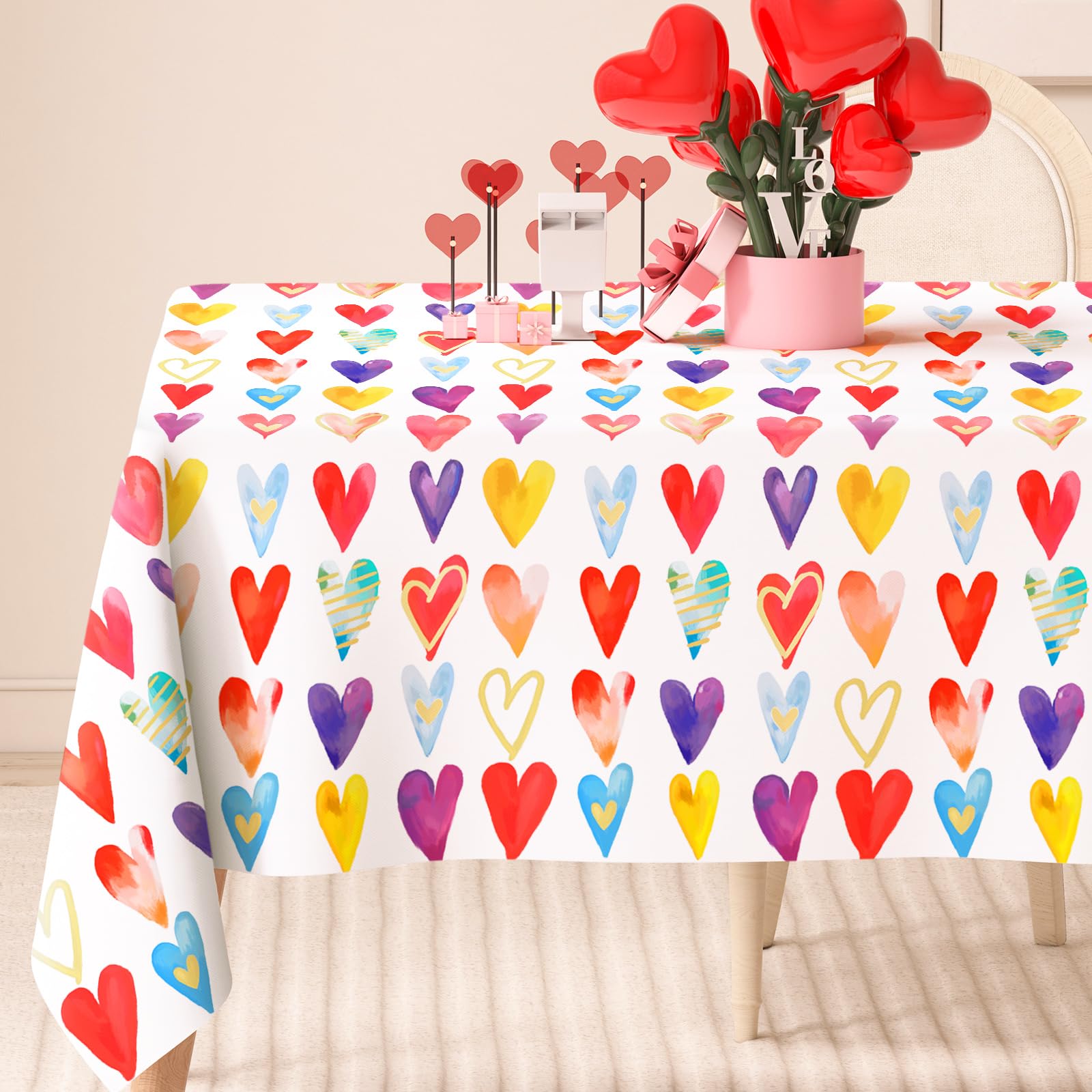 Photo 1 of Valentine's Day Rectangle Tablecloth Colorful Hearts Fabric Table Cloth Watercolor Washable Table Cover for Wedding Anniversary, 60 x 104 Inch