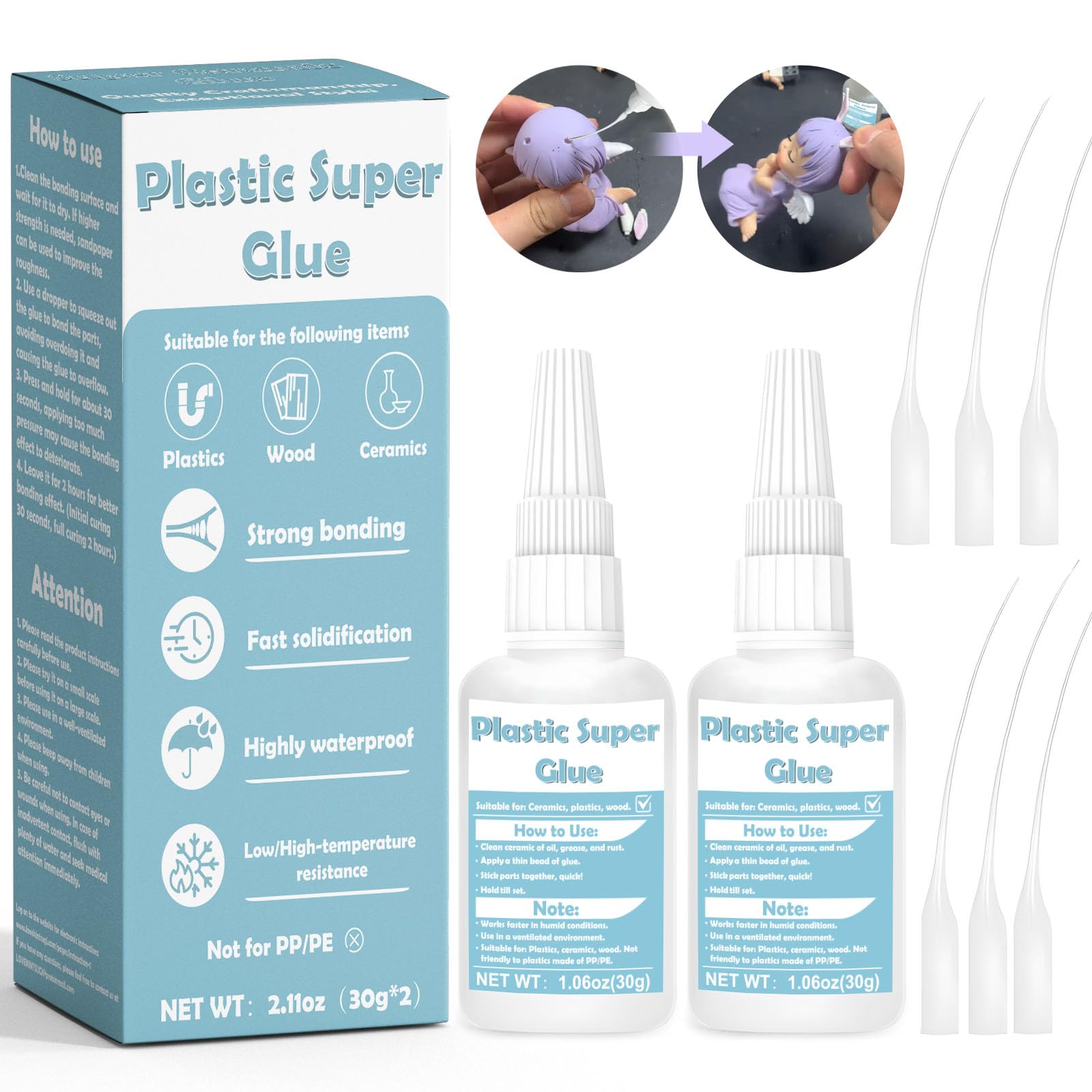 60g Kunststoffkleber Extra Stark, Schnell Trocknend Modellbau Kleber, KunststoffKleber mit Anti-Verstopfungskappe, Wasserfest Plastikkleber zum Verkleben aller Plastics (Plastic Glue)