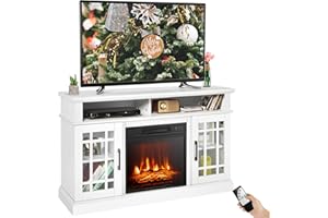 SIMOE Fireplace TV Stand Electric Fireplace 49Inch Console up to 55'' TV with 2 Shelves and 2 Cabinets w/Doors, 3 Adjustable Flame Brightness, Remote Control, Media Entertainment Center, White
