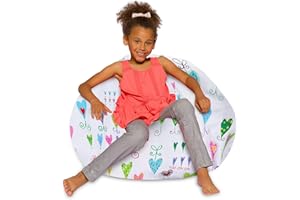 Posh Creations Bean Bag Chair for Kids, Teens, and Adults Includes Removable and Machine Washable Cover, Canvas Multi-Colored Hearts on White, 38in - Large