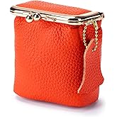 Litchi Leather Coin Purse for Women, Portable Vintage Wallet Mini Lipstick Holder Fashion Solid Color Kiss Lock Key Storage Square Pouch (Orange)