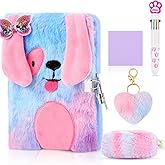 Plush Rainbow Dog Notebook Set, Fluffy Journal Notebook for Girls Embroidery Private Diary Notepad with Lock Multicolored Pen Lovely Pencil Case Key Rings Bracelets for Writing Drawing (Dog, Heart)