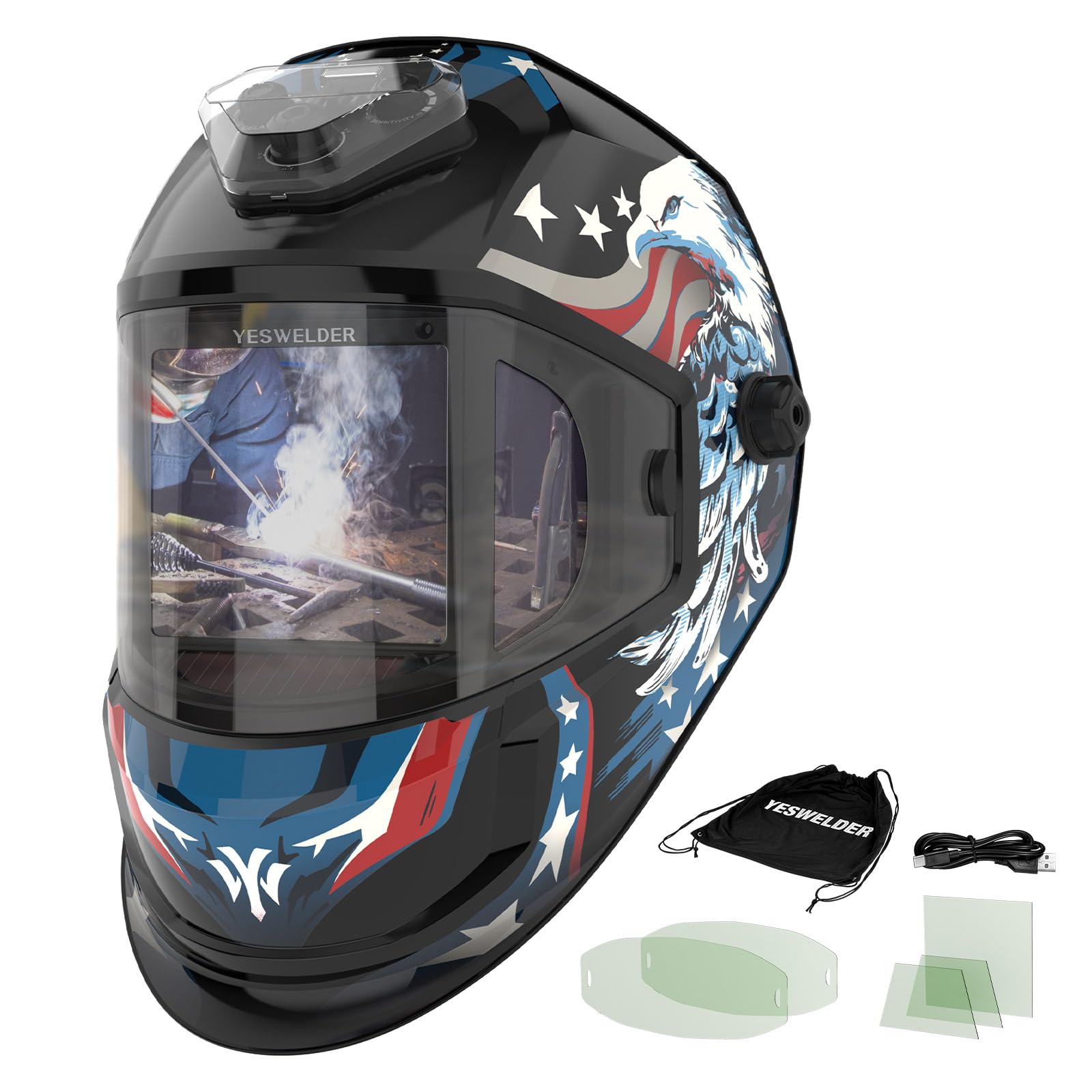 Yeswelder Auto Darkening Casco de soldadura con 6 sensores de arco, vista panorámica con lente lateral (DIN5, atenuación automática), 1/1/1/1 de color verdadero, carga tipo-C, sombra ancha para la máscara de capó de soldador de tig mig