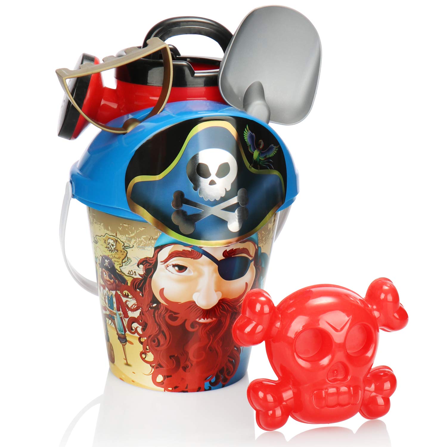 COM-FOUR® 6-piece Beach toy set - Sand toys for beach and sandpit - Bucket, lid with sieve, shovel, rake, mould and watering can (blue)