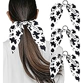 3PCS Cow Print Hair Scrunchies with Bow, Non-Slip Hair Tie Ropes, Elastic Hairband with Bunny Ears, Ponytail Holders Accessories for Women Long Curly Straight Thick Thin Hair