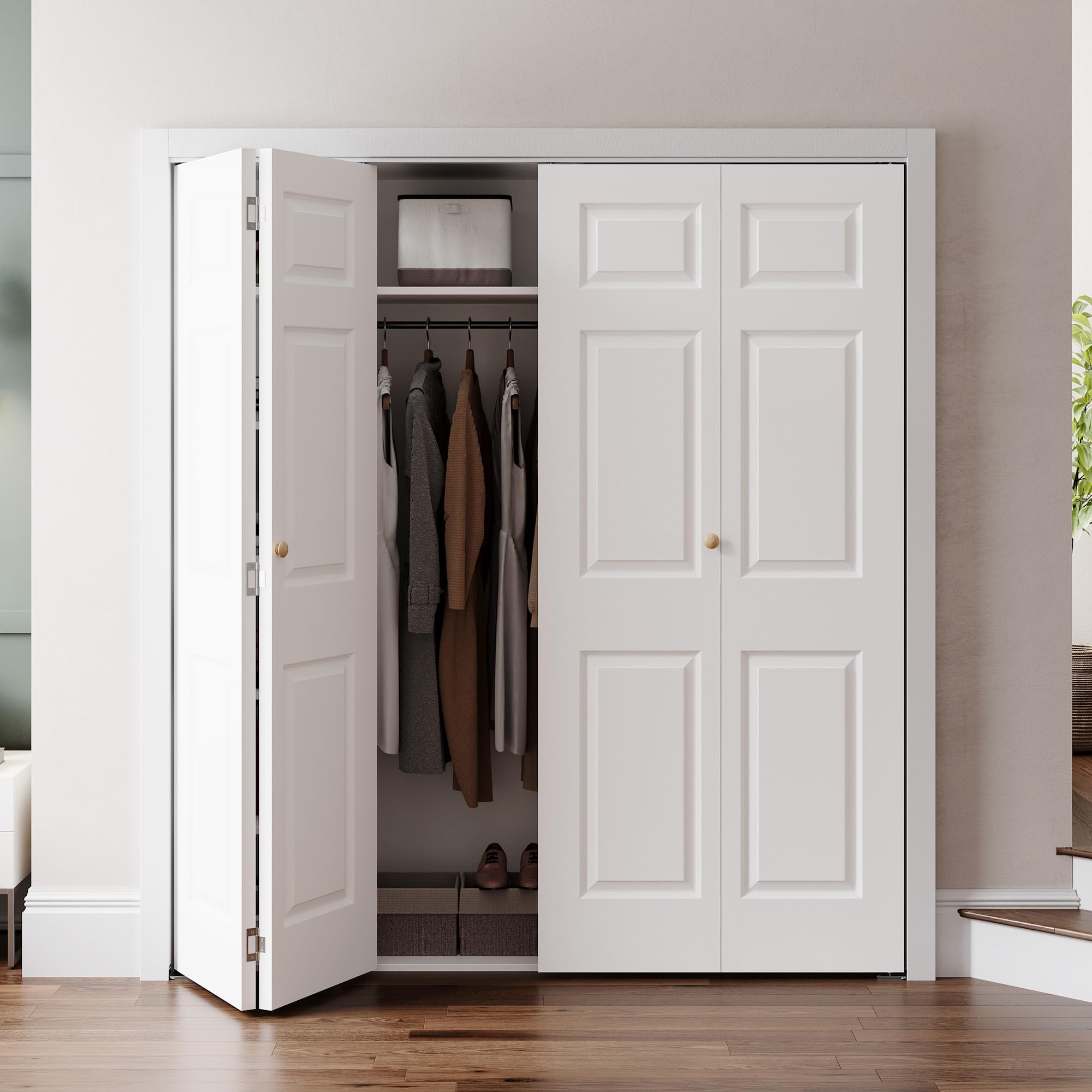 Photo 1 of ***MEASUREMENTS ARE IN PICS*PLZ NOTE, THERE ARE 2 PANELS***BOX SAYS "DAMAGED" BUT I CAN NOT SEE IT***SMARTSTANDARD Paintable Bifold Door, 3-Panels Closet Doors with Hardward Kits, White Primed Surface Ready for Painting, , Elegant Molded Design, Easy Inst