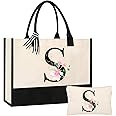 AYGE Personalized Initial Canvas Beach Bag Cosmetic Bags, Monogrammed Gifts for Women, Tote Bag, Makeup Bag, Birthday Gifts for Sister Mom Teacher Bridesmaid (S)