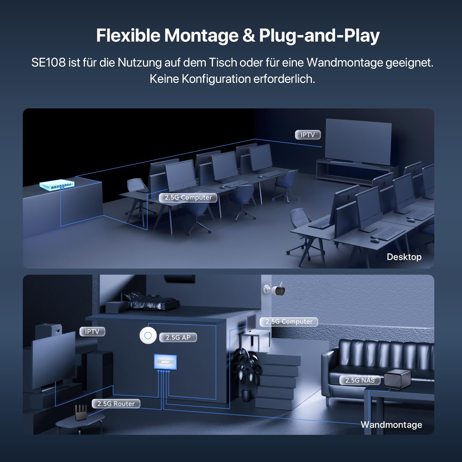 Tenda SE108 2.5 Gbit Switch 8 Port, Unmanaged 2.5GB Netzwerk Switch LAN Splitter (Plug-and-Play Ethernet Switch, Lüfterlos, Desktop-/Wandmontage, Ideal für 2,5G NAS, Server, WiFi 6/7 AP, Gaming-PC) 5