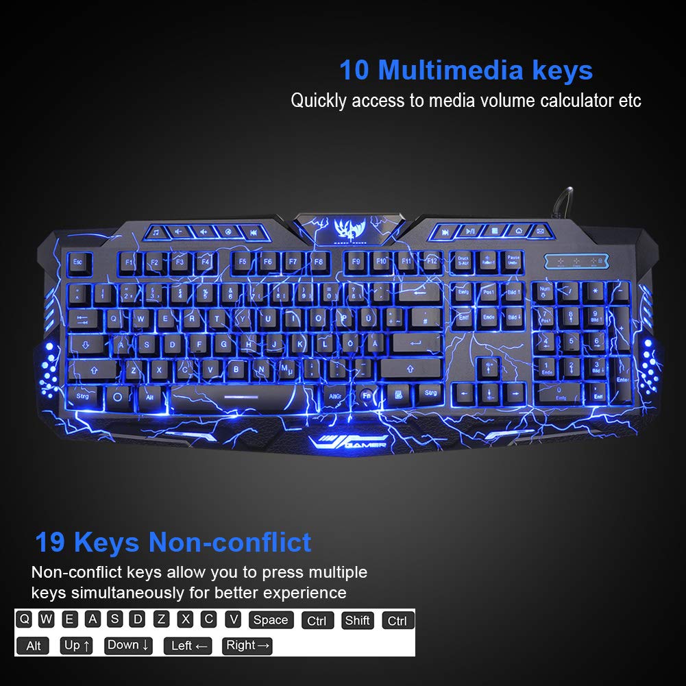 BlueFinger Backlit Gaming Keyboard, Mouse and LED Headset Combo - USB Wired 3 Color Crack Backlit, Blue LED Light Headset - Set for Work and Game
