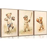 3Pcs Teddy Bear Sports Nursery Animal Canvas Wall Art Cute Woodland Baby Bear Rugby Wall Decor Pictures Football Basketball Baseball Kids Room Posters Prints for Children Bedroom Decoration No Frames