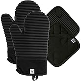 Extra Long Silicone Oven Mitts and Pot Holders Sets | Heat Resistant 500°F BPA-Free Food Grade Silicone Hot Pads & Kitchen Mittens | 4-Piece Set of Oven Gloves & Potholders for Kitchens.
