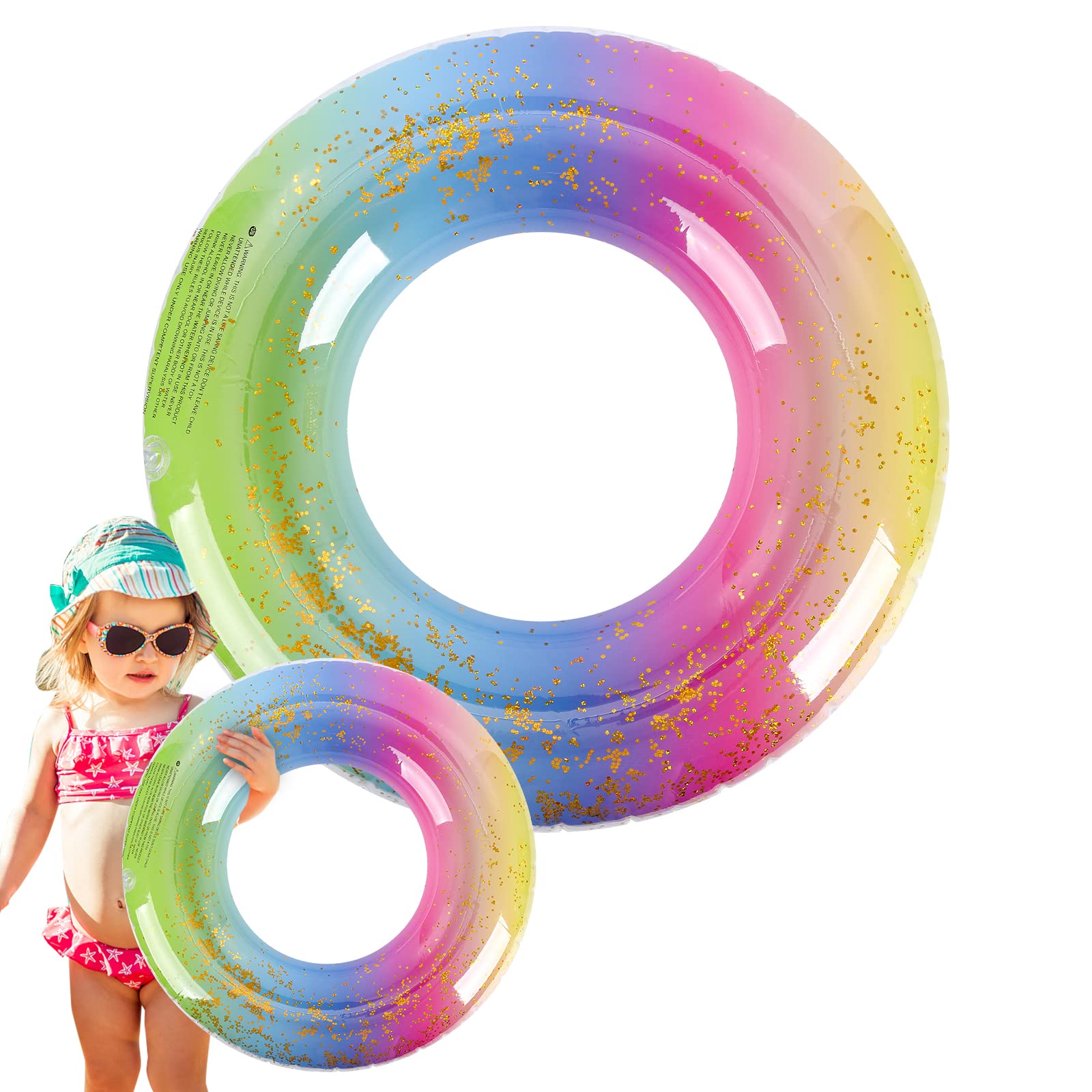 27.5 Inch Swimming Ring for Kids Rainbow Floating Sequins Swim Ring Inflatable Pool Floats Inflatable Glitter Filled Swim Ring Summer Swimming Pool Tube Beach Water Sports Party Toys (Rainbow)