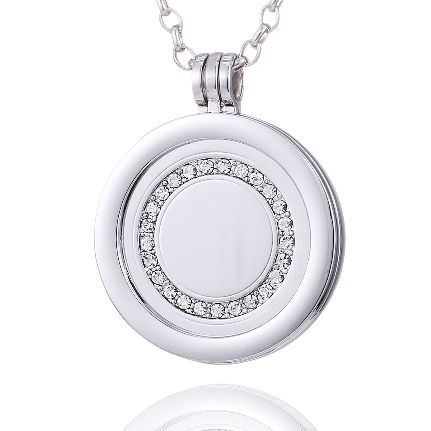 Morella Women Necklace 70 cm 27.5" Stainless Steel with Ring Made of Circonia Coin 33 mm 1,3" Silver in a Velvet Jewelry Bag