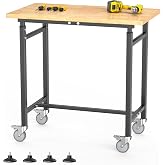 EVERHANGER Workbench with Wheels, Adjustable Height Work Table, 32&ldquo; x 18&rdquo; | Heavy Duty Workbench for Garage, Rubber Wood Top Workstation for Workshop