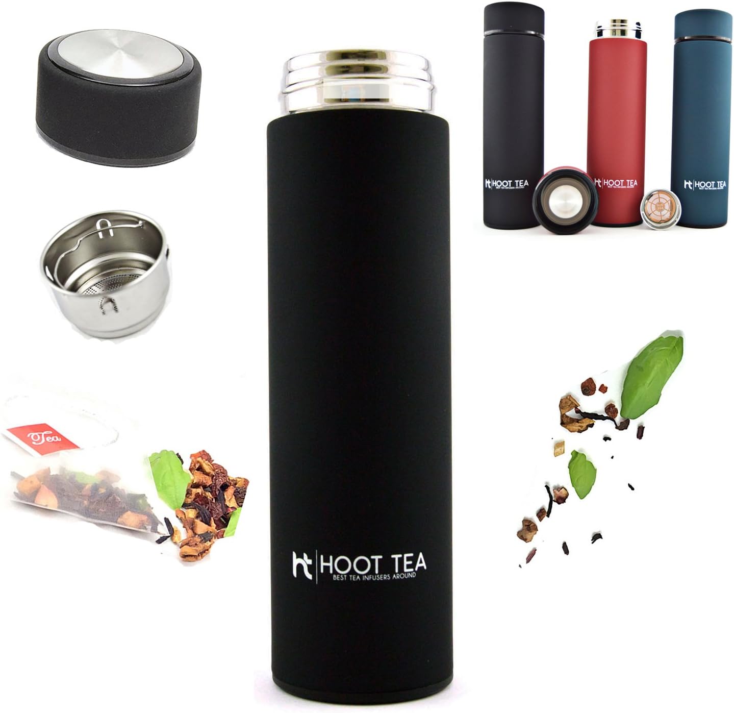 TEA AND FRUIT INFUSER BY HOOT TEA -Stainless Steel Portable Insulated Water Bottle - Great Tumbler for DETOX, LOOSE LEAF, ICE, FRUIT, OILS, And VEGGIES - Silicone TEA BAG FILTER- 12 HOURS HOT 24 COLD