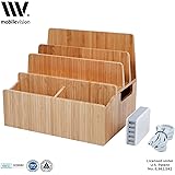 MobileVision Bamboo Charging Station Stand & Multi Device Organizer Charging Dock w/ Extension Compartments for Desktop Storage use w/ Smartphones/Tablets & INCLUDES 5-USB port Charger