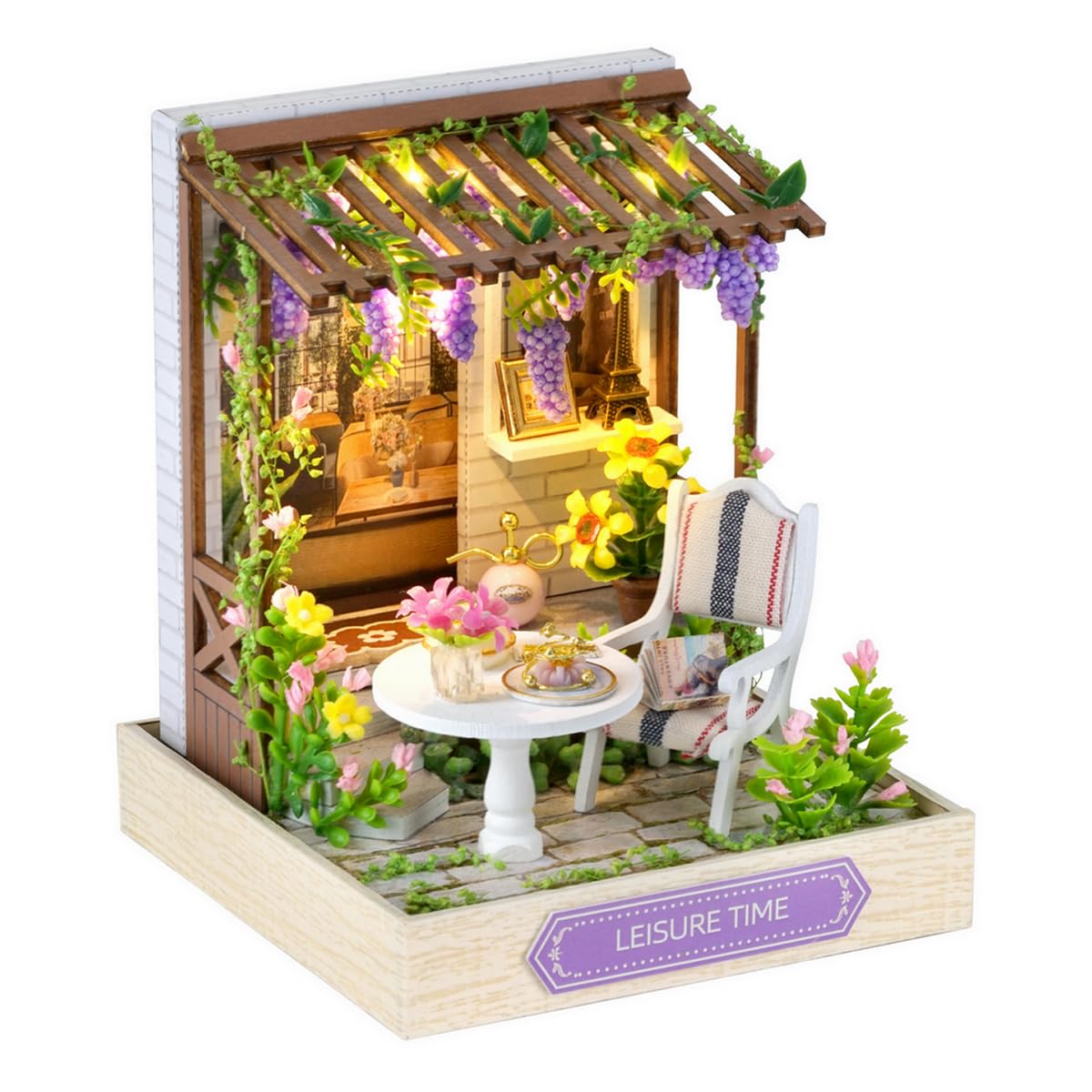 CUTEROOM DIY Miniature House Kit, Wooden Dollhouse Kit Mini House Making Kit with Furnitures and Dust Cover (Leisure Time)