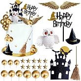 26 PCS Wizard Birthday Party Cake Decorations Set, Happy Birthday Acrylic Cake Topper with Magic Hat, Broom, Castle, Wings, Stars, Balls