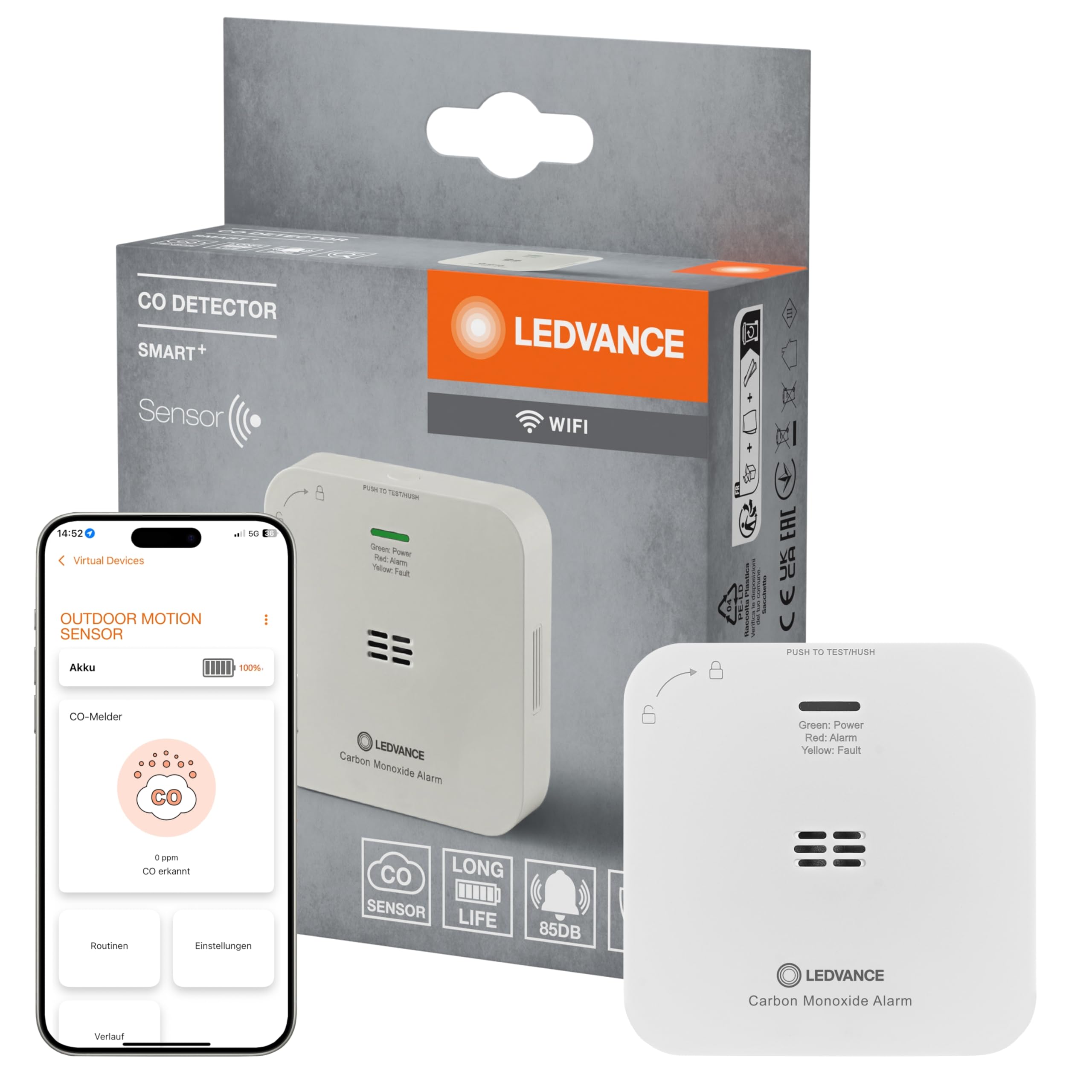 LEDVANCE SMART+ Kohlenmonoxidmelder mit WiFi-Technologie, zertifiziert nach EN 50291, weiß, Kunststoff