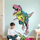 Supzone Large T-Rex Dinosaur Wall Decals for Boys Colorful Tyrannosaurus Wall Sticker Removable Vinyl Dino Wall Art Decor for Kids Bedroom Baby Nursery Playroom Classroom (Colorful)