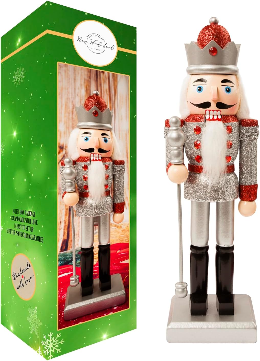 Nutcrackers - USA SUPREME Traditional Christmas Nutcracker Wooden Soldier 10 inches Decorations Gift – Perfect for Christmas Tree, Table Top, and Holidays Dinner Table Décor (Silver_03)