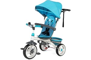 Costzon Tricycle for Toddlers, 6 in 1 Trike w/Parent Handle, Adjustable Canopy, Storage, Safety Harness & Wheel Brakes, Baby Push Tricycle Stroller for Kids Boys Girls Aged 9 Month-5 Years Old, Blue
