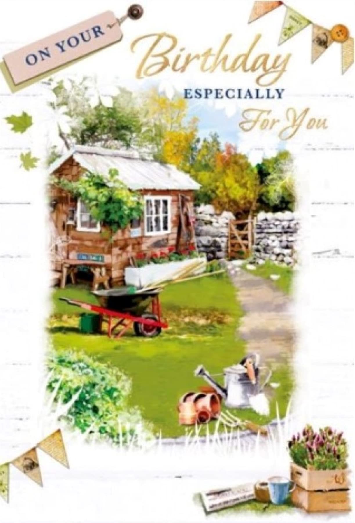 Open Male Birthday Card - Garden Shed Wheelbarrow & Tools Gold Foil 7.75x5.25