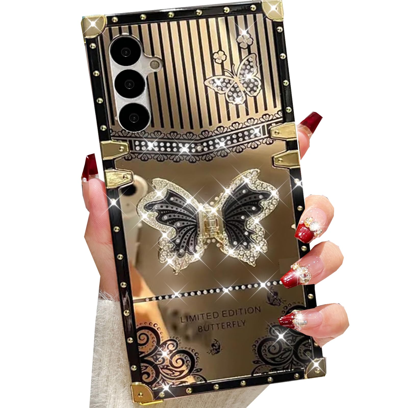 Changjia for Samsung Galaxy A17/A16 5G Kickstand Case,Cute Luxury Glitter Bling Sparkly Diamond Butterfly Foldable Stand Elegant Mirror Shockproof Women Girls Protective Cover for Galaxy A17/A16,Black