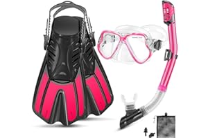 PIYAZI Snorkeling Gear for Adults, 4 in 1 Adult Snorkel Set with Panoramic View Snorkel Mask, Dry Top Snorkel, Adjustable Short Fins and Travel Bag, Snorkel Set with Fins for Snorkeling Diving