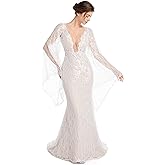 Sorayan Luxury Lace Flare Sleeves Mermaid Wedding Dress Boho Beach Sexy Deep V Open Back Bridal Gowns