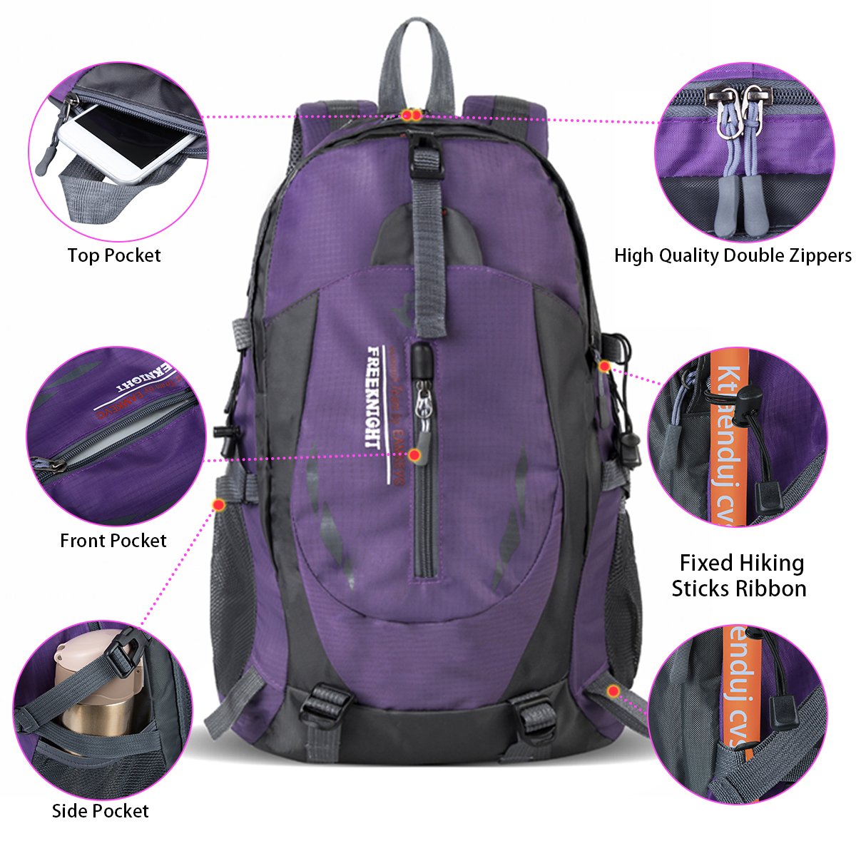 Hiking Backpack Water Resistant Sports Backpack Outdoor Bag for Travel Climbing Camping Mountaineering School Bag Hiking Daypack Size 11.8\'\'x 8.6\'\'x 20.4\'\' (Purple)