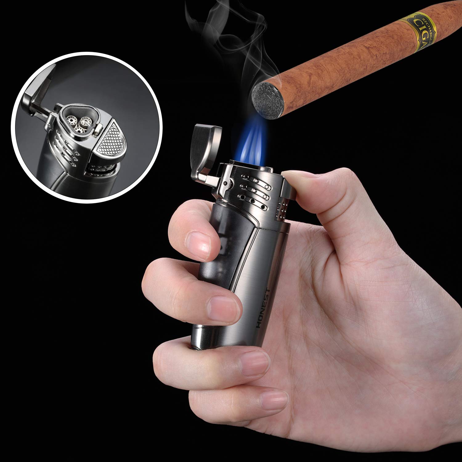 Sturmfeuerzeug,Jet Flamme gasFeuerzeug Zigarren Mit Zigarrenschneider, Nachfüllbare Gas-Sturmfeuerzeug, Pfeifenfeuerzeug