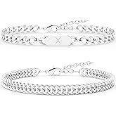 Aospkle 2PCS Initial Letter Cuban Bracelet, A-Z Letter Pendant Stainless Steel Silver Cuban Link Chain for Men Women Jewelry Set for Him Her