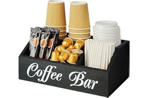 Samhe Coffee Bar Organzier, 5 Compartment Wood Countertop Storage Holder for Cups Lids Pods Syrups, Coffee Station Accessories Tea Storage Basket Condiment Organizer