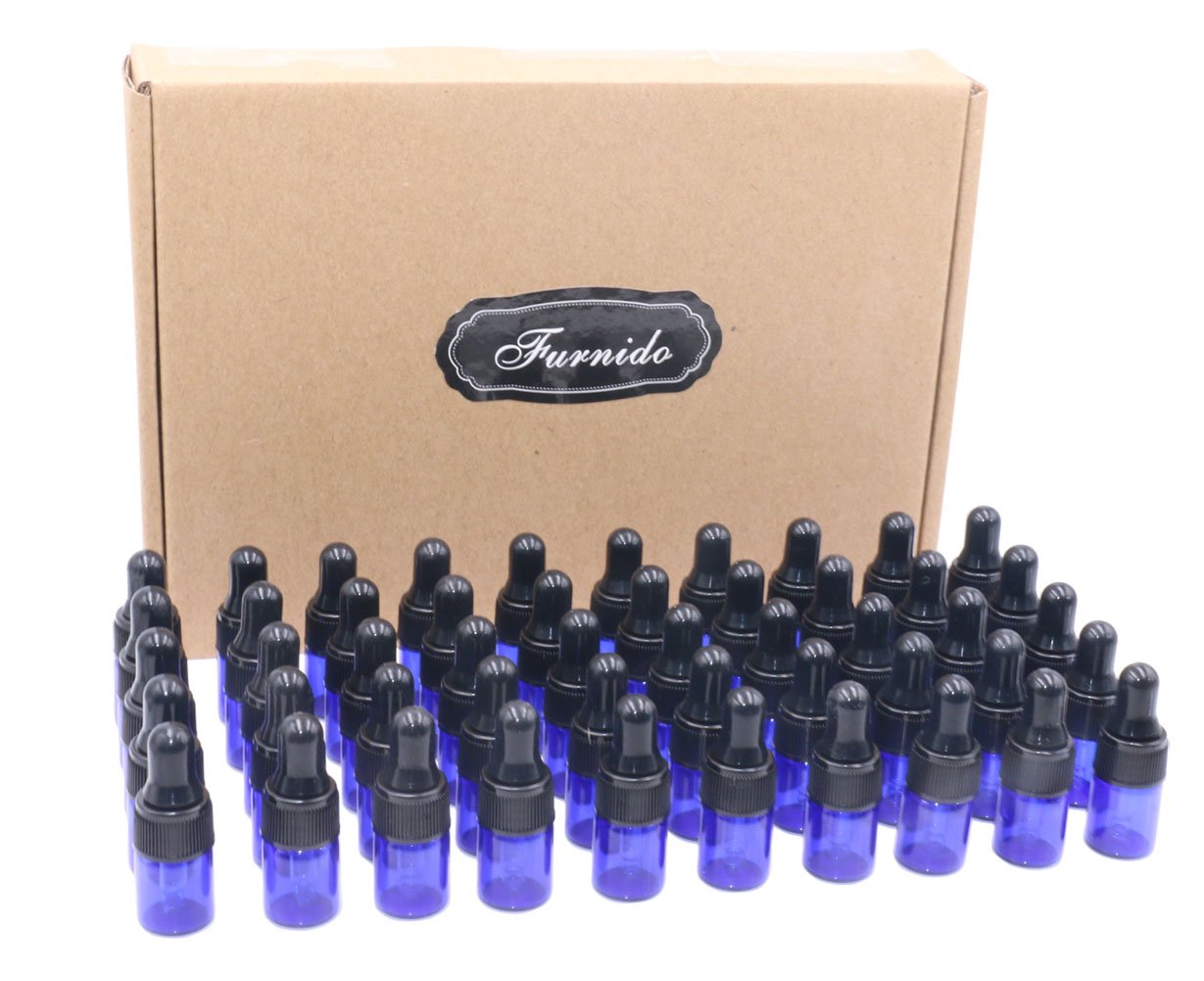 Furnido Pack of 50 2 ml (5/8 Dram) Cobalt Blue Glass Dropper Bottles,Empty Eye Dropper Sample Vials with Black Dropper Caps for Fragrance,Essential Oil,Perfume,Cosmetic Liquid Lotion-2 Dropper Free